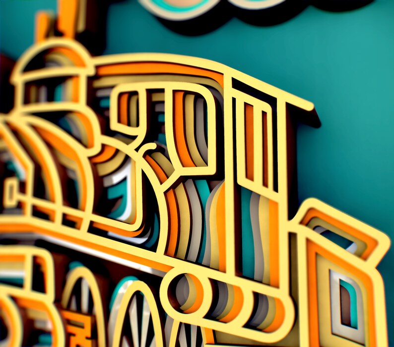 May include: A yellow, orange, and blue paper cut-out of a train engine with wheels. The engine is made of multiple layers of paper, creating a 3D effect.