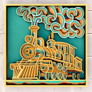 May include: A colorful paper cut-out of a steam train with a blue background and orange and yellow details. The train is surrounded by a swirling cloud of smoke.