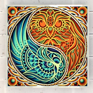 Zwei Eulen Mandala 3D Mandala SVG-Dateien, Dekoration Laser-Schneidepläne, Cricut, Glowforge, DXF-Vorlagen für CNC-Fräser