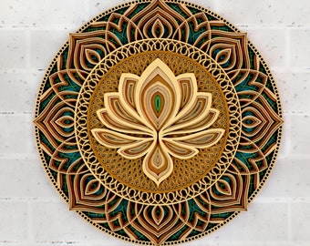 Lotus Jhelum Mandala, 3D-Panel SVG-Dateien, DFX Multilayer Mandala Schneiddateien für CNC Lasermaschine, Mandala Muster Blume zum Schneiden