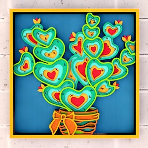 Cactus uit harten 3D svg Mandala-bestanden, Multilayer Panel voor lasersnijden, SVG-bestanden, DXF-sjablonen voor CNC-router