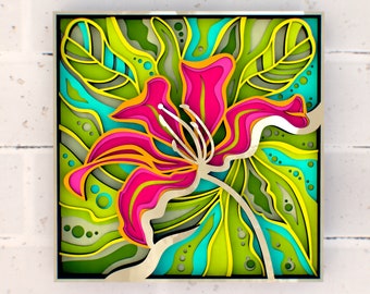 May include: A vibrant pink flower with yellow and orange accents is layered over a green and blue background. The flower is surrounded by leaves and swirls, creating a layered, paper-cut effect.