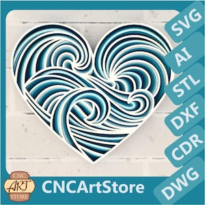 Fichiers SVG Mandala coeur océan, fichiers de panneau de mariage pour découpe laser, plans multicouches pour routeur CNC, fichiers pour Glowforge ou Cricut
