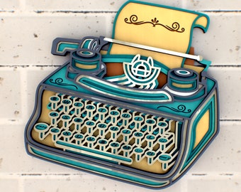 May include: A teal blue vintage typewriter with a paper roll and a keyboard with all the letters of the alphabet. The typewriter is made of wood and has a decorative design.