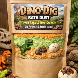 May include: A brown paper bag labeled "Dino Dig Bath Dust" with green apple and lime-scented bath dust. The bag contains toy dinosaurs, fossils, and an egg. The product is designed for digging and discovering dinosaur fossils.