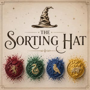 May include: An image of the Sorting Hat above four bowls of coloured powder. Each bowl has a metallic emblem: a lion, a snake, a bird, and a bear. The text "The Sorting Hat" is displayed in elegant lettering.