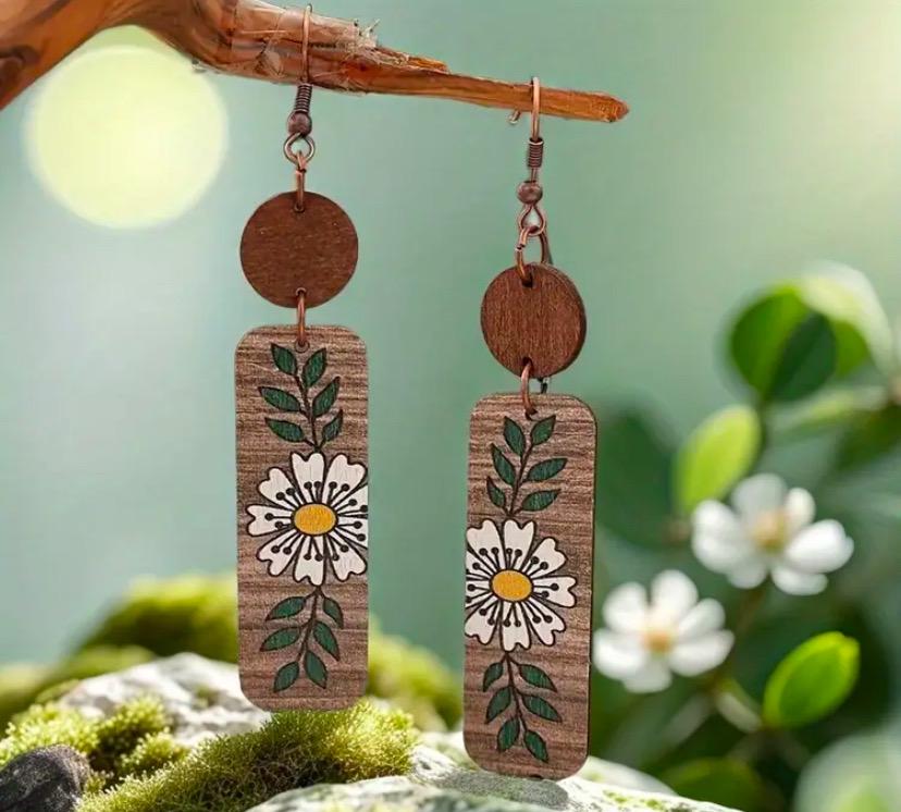 Bohemian Flower Wooden Dangle Earrings