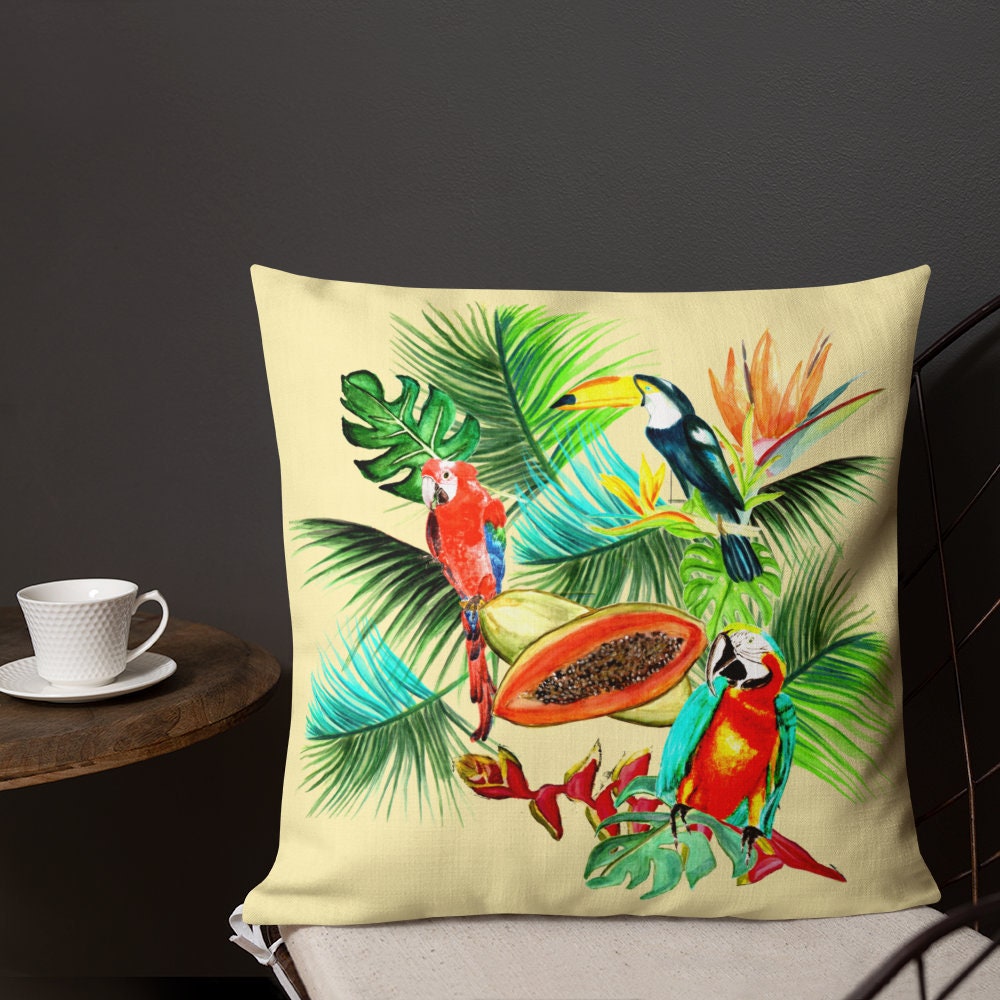 Coussin Complet Housse de Coussin et Coussin Fermeture Eclair Recto Verso Toucher Lin Toucan Perroqu