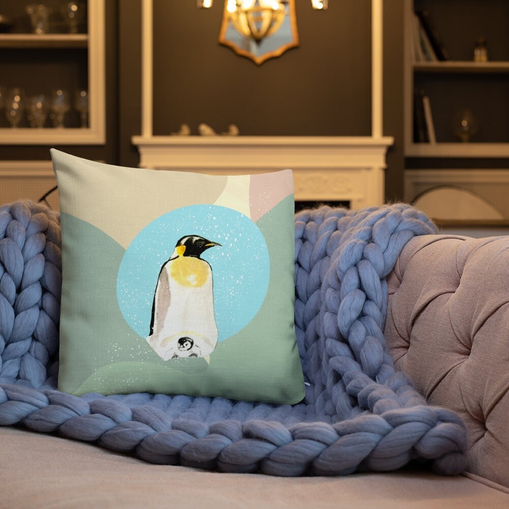 Housse de Coussin Toucher Lin Aquarelle Bébé Pingouin Maman Sous La Neige Manchot Empereur Fond Géom