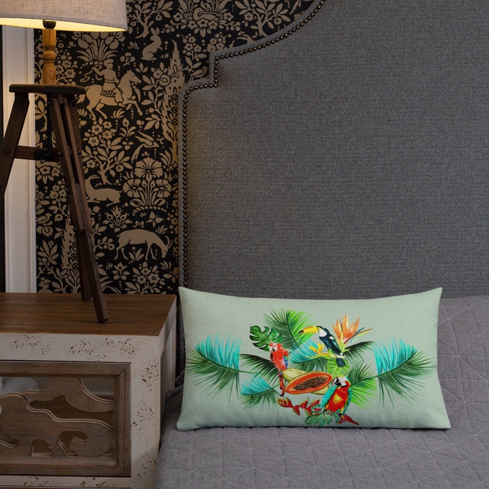 Coussin Complet Housse de Coussin et Décoratif Toucher Lin Recto Verso Imprimé Oiseau Tropical d'apr