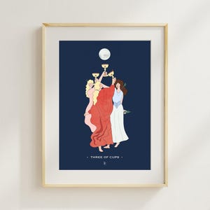 Three of Cups Tarot Art Print: Friendship Celebration Illustration