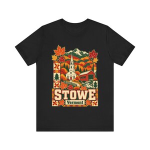 Stowe Shirt, Vermont Fall Foliage Covered Bridge and Church Tee, Patchwork Quilt Souvenir Gift, Autumn Maple Leaf T-Shirt