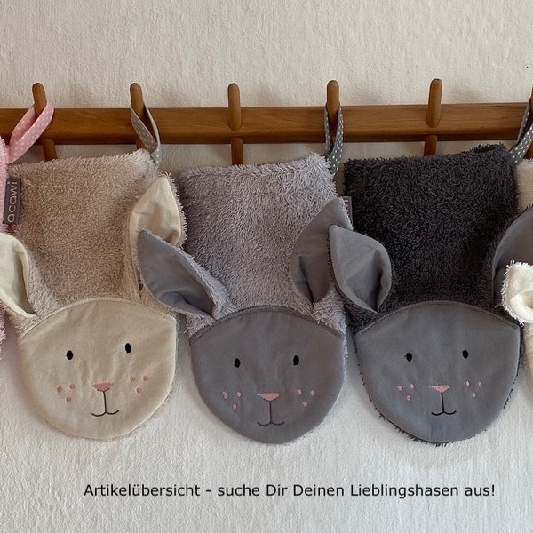 HASE - Flauschiger Kinder Waschhandschuh - wahlweise mit eingesticktem Namen in verschiedenen Farben