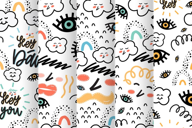 Download Doodle digital paper pack. Funny faces characters vector ...