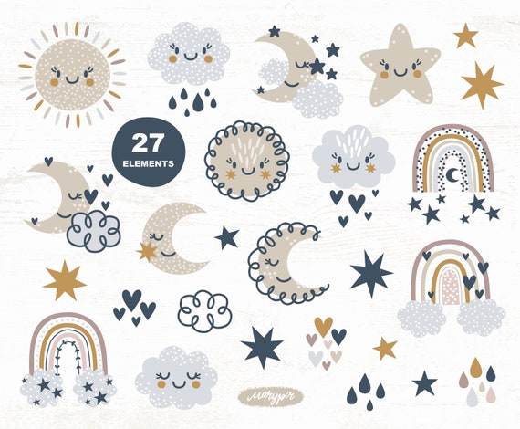 Luna y estrellas baby shower clipart sunshine y arco iris | Etsy