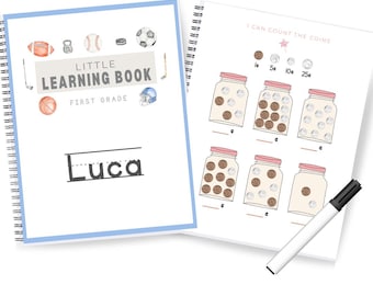 Livre d'apprentissage personnalisé de première année | effaçable à sec réutilisable | Sentiments, mathématiques, phonétique, écriture, lettres, chiffres, lecture