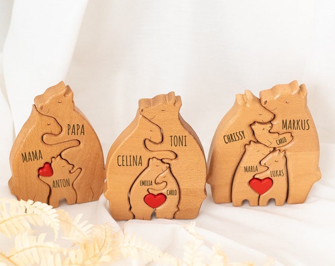 Personalisierte Holz-Puzzle: Bärenfamilie Mit 2–8 Namen Graviert | Einzigartiges Geschenk Für Weihnachten, Hochzeit Oder Geburtstag