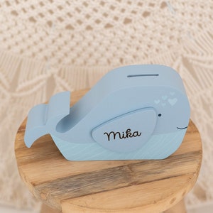 Money box personalized, money box whale, money box boy, money box child, money box baby, baptism gift boy, money box wood