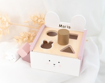 Cube de motricité, cadeau baptême fille, fille 1er anniversaire, fille jouet en bois, jeu de tri fille, fille jouet Montessori