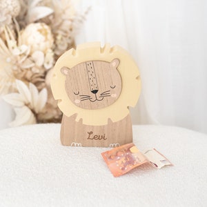 Money box lion, money box personalized, money box child, baptism gift for boys, money box boy, baby money box, money box wood