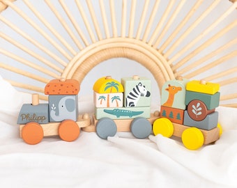 Safari train, birthday train, baby gift birth, wooden train, baby train, railway personalized, train personalized, safari nursery