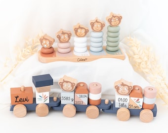 Baby gift birth, birthday train, wooden train personalized, baptism gift boy, birth gift boy, stacking tower, baptism