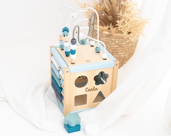 Cube de motricité, jouet bébé, boucle de motricité, jouet en bois bébé 1 an, cadeau baptême garçon, jouet garçon Montessori