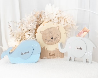 Hucha infantil, hucha personalizada, hucha de animales, regalos para niños, niño de Pascua, hucha de ballena, hucha de león, hucha de elefante