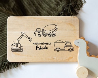 Holzbrett Fahrzeuge, Vesperbrot,  Kindergeschenke Junge, Frühstücksbrett Bagger, Traktor Brett, Frühstücksbrett personalisiert