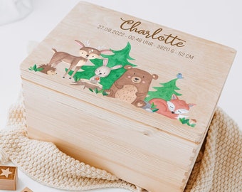 Holzkiste Baby Waldtiere, Erinnerungsbox, Erinnerungskiste, Kiste Geburt, Baby Box Geburt, Wunderwunsch