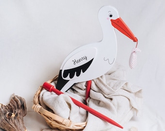 Stork birth, baby stork, wooden stork, welcome baby, wooden stork, baby shower, rattle stork, baby welcome home