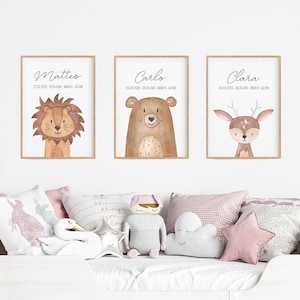 Geburtsposter, Babygeschenk Geburt, Bild personalisiert Kinderzimmer, Waldtiere Poster, Taufe Geschenk, Geburtsgeschenk