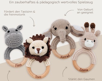 May include: Four crocheted animal teethers with wooden rings. The animals are a hippopotamus, a lion, an elephant, and a giraffe. The teethers are suitable for babies from birth and are approximately 14 inches by 12 inches by 5 inches.