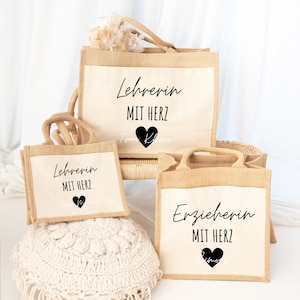 Cadeau éducatrice, cadeau enseignant, cadeau d'adieu éducatrice, éducatrice avec sac coeur, rentrée scolaire, maternelle, sac jute
