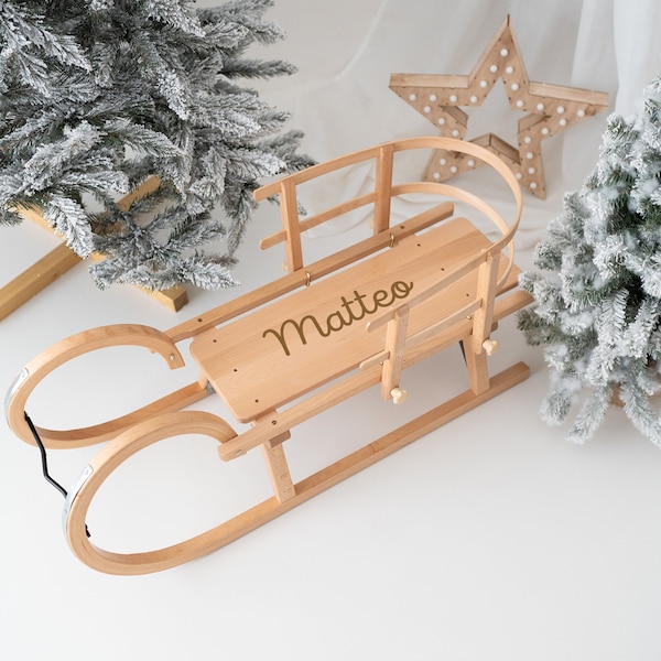 Schlitten, Holzschlitten, Holzschlitten für Kinder, Kinderschlitten, Schlitten mit Lehne, Schlitten personalisiert, Weihnachtsgeschenk