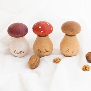 May include: Three wooden mushroom-shaped containers with personalized names: Carlo, Emilia, and Emy. The mushrooms are painted in different colors: purple, red with white dots, and natural wood. The containers are sitting on a white fabric surface with walnuts scattered around.