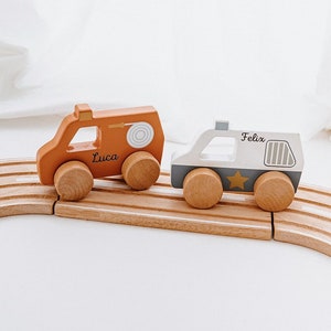 Personalized wooden car, fire engine baby, police car baby, birth gift boy, wooden car toy