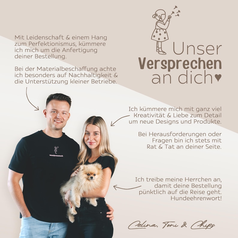 May include: A promotional image featuring a man and a woman, smiling and holding a small dog. Text in German reads "Unser Versprechen an dich" (Our Promise to You) and describes their commitment to quality and customer service.