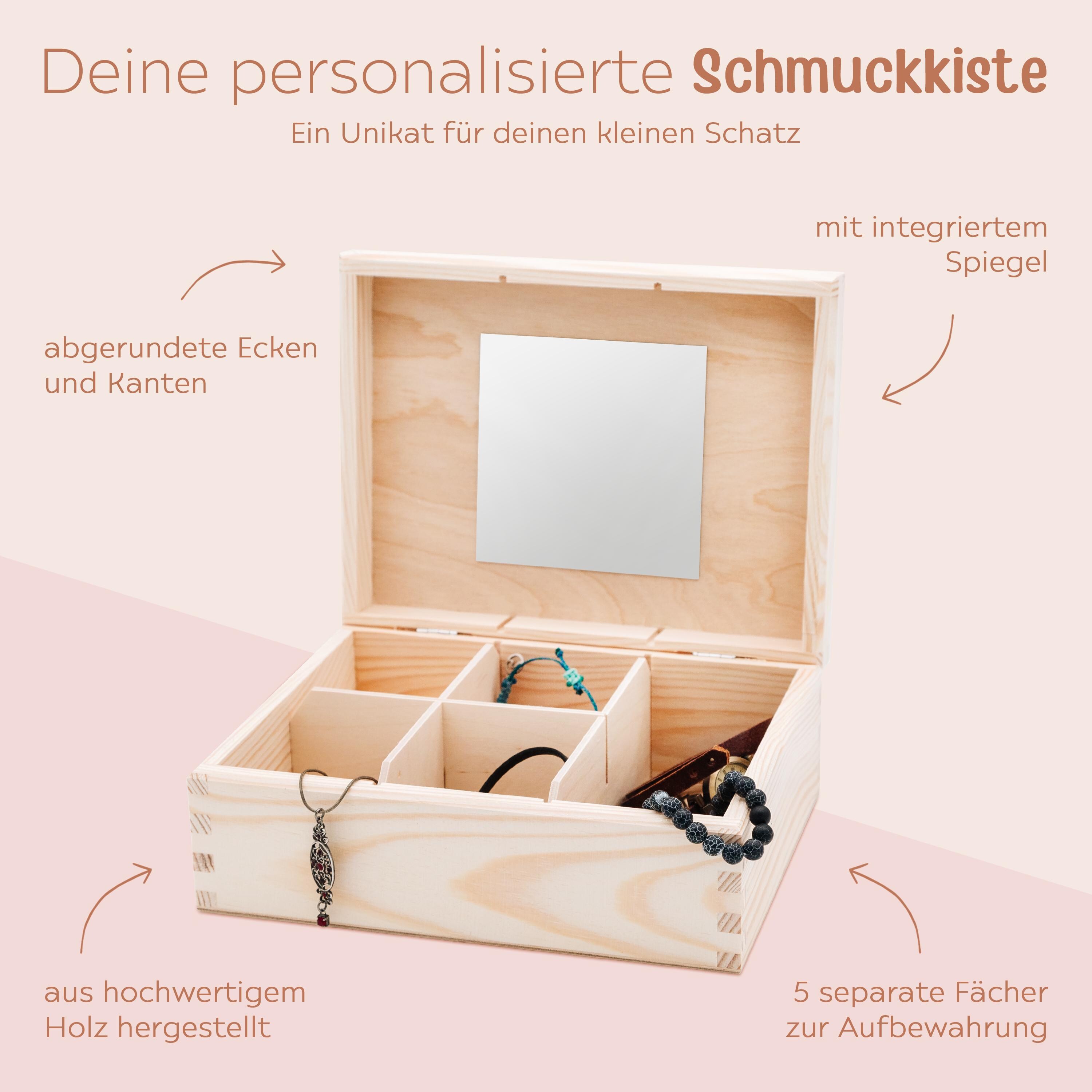 Schmuckkästchen Mädchen, Schmuckkiste mit Spiegel, Personalisierte Schmuckschatulle Holz, Schmuckkästchen