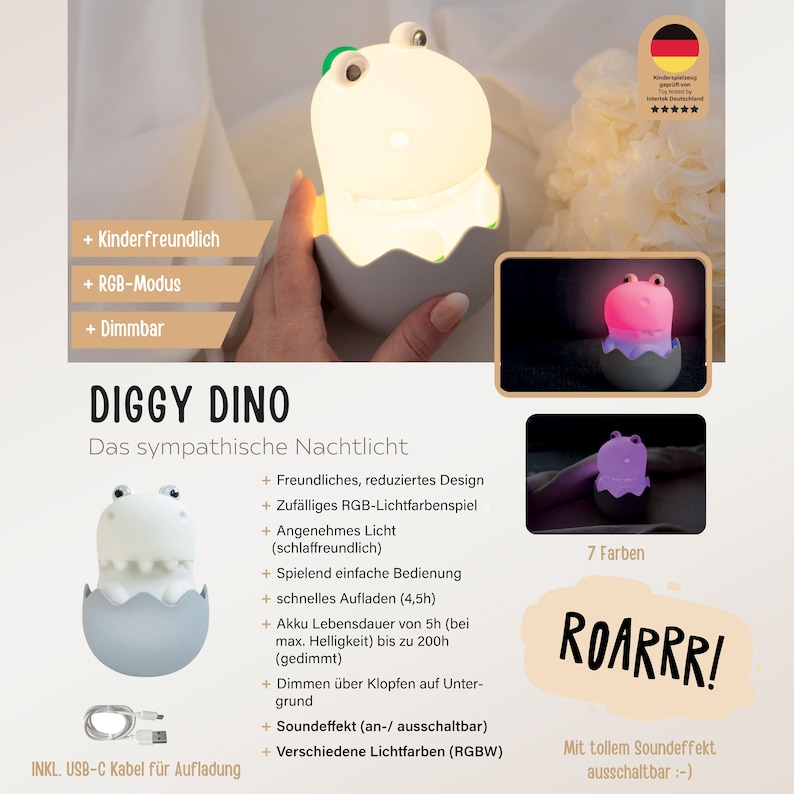 May include: A white dinosaur-shaped night light emerging from a gray eggshell base. The lamp features a smooth surface, two eyes, and a mouth. It includes a USB-C charging cable. Text on the image includes DIGGY DINO, ROARRR!, and various feature descriptions in German.