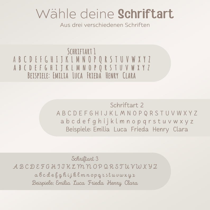 May include: A graphic showcasing three different font styles. Each font is displayed with the alphabet in uppercase and lowercase, along with example names. The text "W&auml;hle deine Schriftart" is at the top.