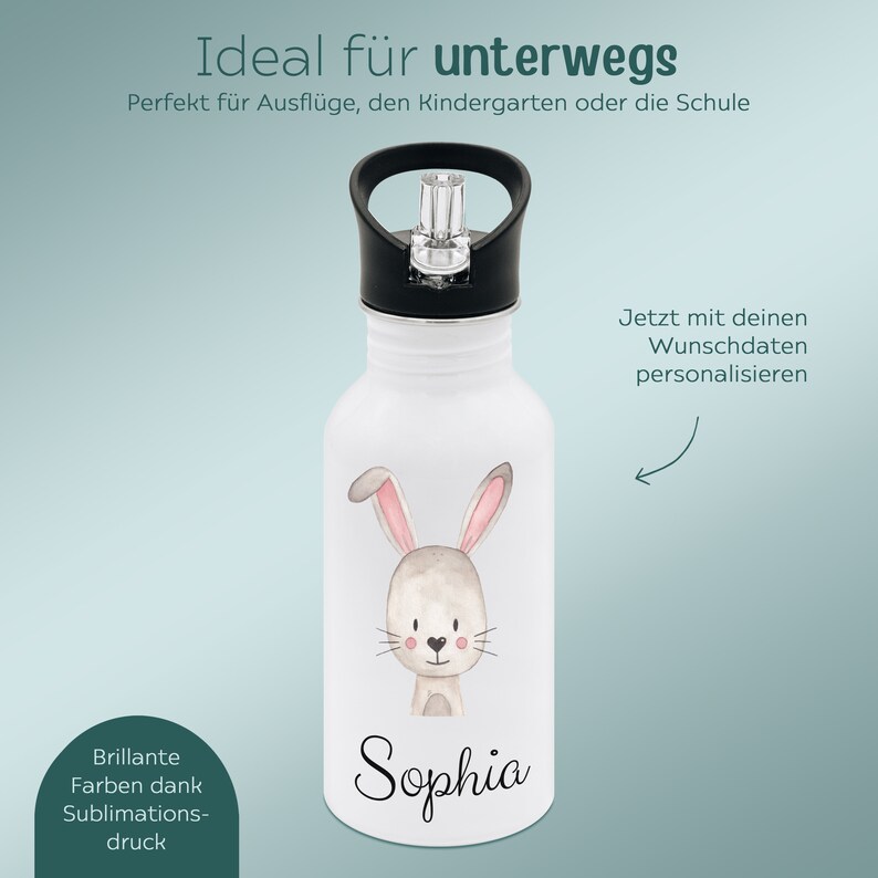 May include: A white water bottle featuring a black lid with a carry loop and a clear straw. The front of the bottle displays a watercolor-style illustration of a light brown bunny with pink ears and the name Sophia written in black script text.
