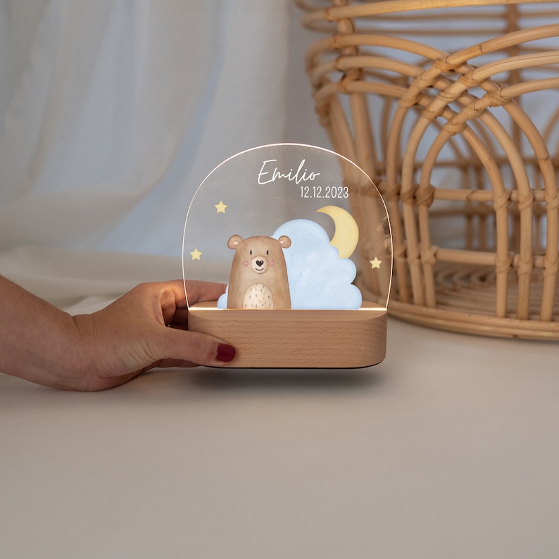 Kinder Nachtlicht, Nachtlicht, Nachtlicht personalisiert Akku, Babygeschenk, Nachtlampe Baby, Kinderlicht Baby, Geburt Bär Wolke