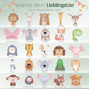 May include: A digital print featuring 25 watercolor-style animal illustrations arranged in a grid. The text at the top reads "W&auml;hle dein Lieblingstier" followed by "Aus 25 verschiedenen Tieren". Each animal is labeled with its German name below.