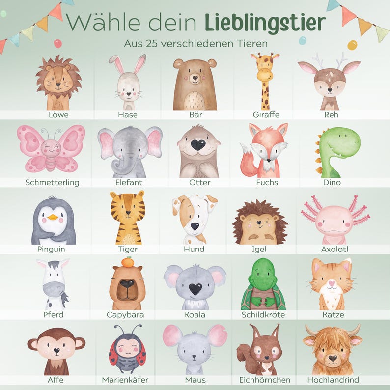 May include: A digital print featuring 25 watercolor-style animal illustrations arranged in a grid. The text at the top reads "W&auml;hle dein Lieblingstier" followed by "Aus 25 verschiedenen Tieren". Each animal is labeled with its German name below.