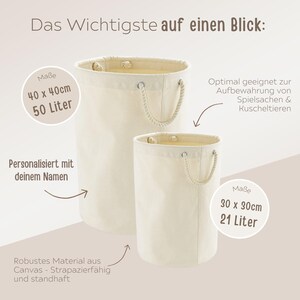 May include: Two beige canvas storage baskets with rope handles. The larger basket measures 40 inches by 40 inches and holds 50 liters. The smaller basket measures 30 inches by 30 inches and holds 21 liters. The text "Das Wichtigste auf einen Blick" is at the top of the image.
