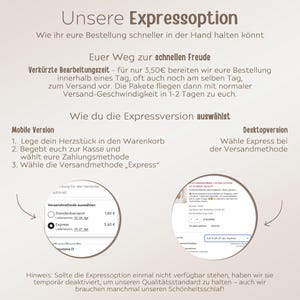 May include: A screenshot of a website showing two options for shipping: Standard and Express. The Express option is selected and costs $5.40. The text on the page says "Our Express Option" and "How to choose the Express version".