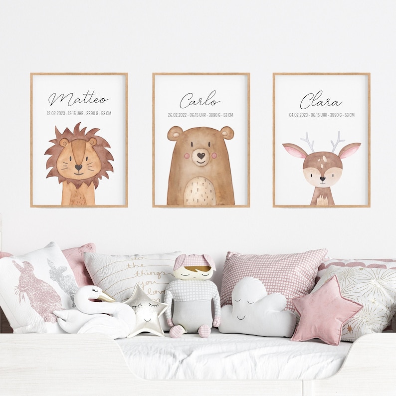 Geburtsposter, Babygeschenk Geburt, Bild personalisiert Kinderzimmer, Waldtiere Poster, Taufe Geschenk, Geburtsgeschenk Bild 1