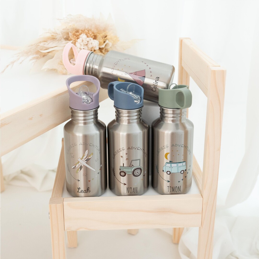 Personalisiert Edelstahl Trinkflasche Für Kinder – 500 Ml, Mit Sternen-Design, Lila/weiß, Auslaufsicher