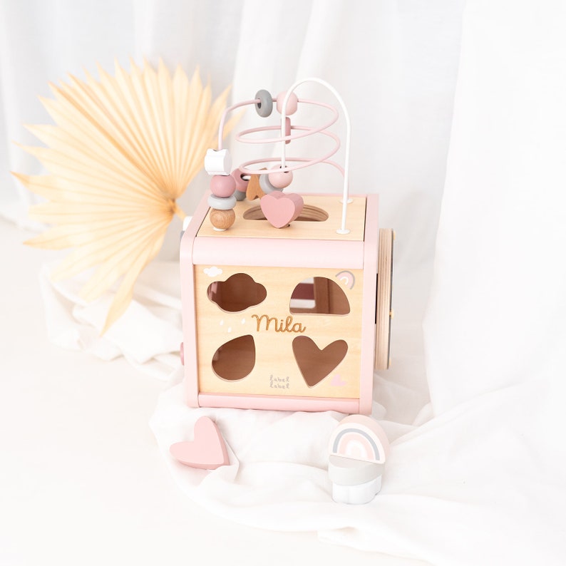 Cube motricité, cadeau baptême fille, jouets Montessori, cadeaux bébé, jouets bébé, cube motricité personnalisé, naissance rosa